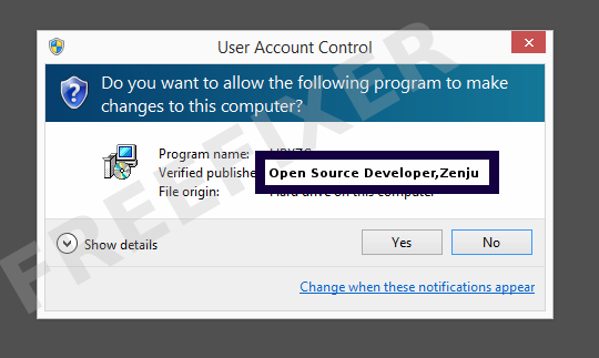 Screenshot where Open Source Developer,Zenju appears as the verified publisher in the UAC dialog